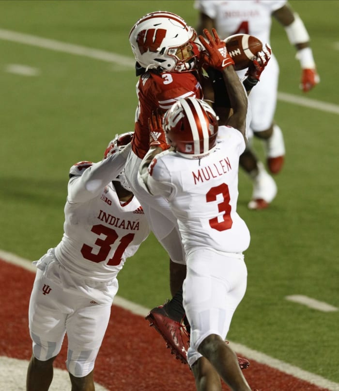 Indiana defensive backs Tiawan Mullen (3) and Bryant Fitzgerald (31) break up the pass intended for Wisconsin's Kendric Pryor. (Jeff Hanisch-USA TODAY Sports)